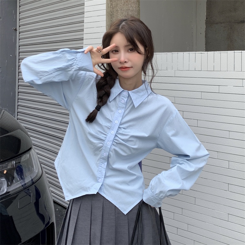 【ZHELIHANGFEI】Áo sơ mi không đều gấp tay dài kiểu dáng trường đại học eo cao