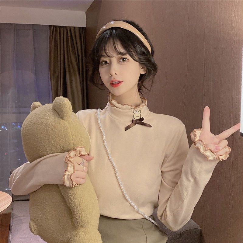 Áo Thun Tay Dài Cổ Cao Phối Lông Đính Nơ Dễ Thương Cho Nữ Sinh