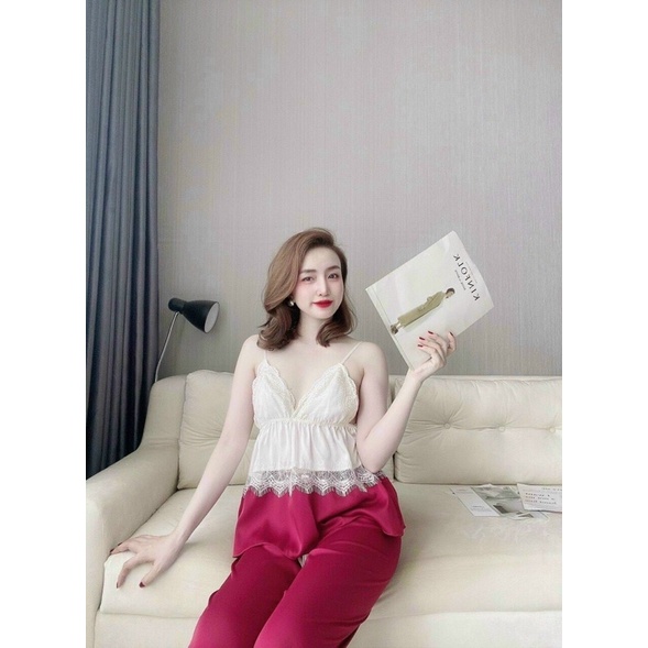 Set bộ ngủ dài hai dây lụa satin phối lưới có mút cao cấp | BigBuy360 - bigbuy360.vn