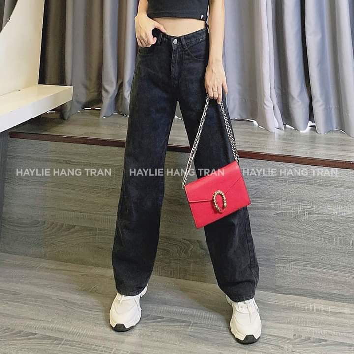 Quần Ống Rộng Lưng Cao Vải Cotton. Quần jeans ống rộng lưng cao in tìm dọc sườn