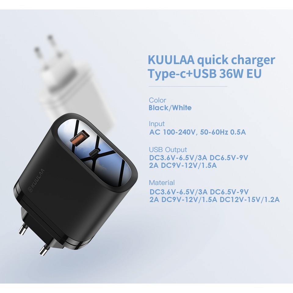 Cốc Sạc Nhanh KuuLaa 2 Cổng USB - Type C QC3.0 36W dành cho Xiaomi Iphone Huawei OPPO Củ sạc PD36W pk thiên hoàng ,