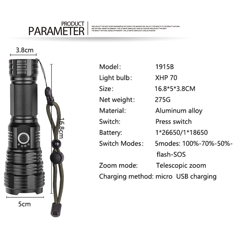 Most Powerful XHP70.2 LED Flashlight XHP50 Rechargeable USB Zoomable Torch T6  Lamp for Camping