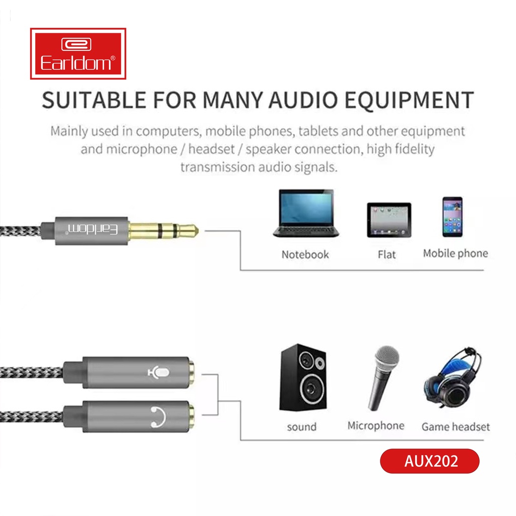 Cáp Chia Audio 3.5mm ra 2 đầu 3.5mm Loa và Mic Earldom AUX202 - Hàng Chính Hãng