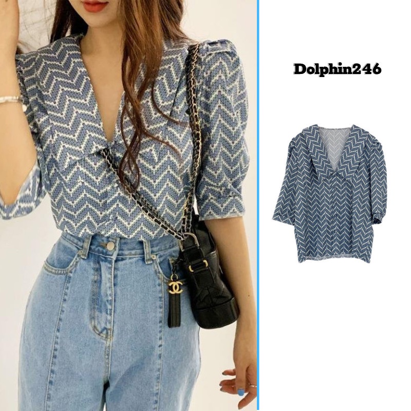 Áo sơ mi công sở nữ ngắn tay phồng kẻ sọc họa tiết cổ bẻ V form rộng bigsize kiểu Hàn Quốc ulzzang xiaozhainv vn N-5