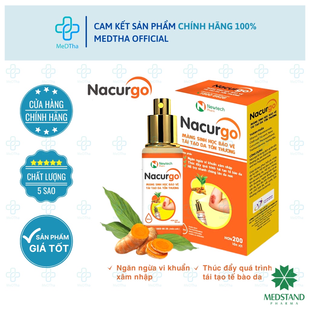 Xịt vết thương Nacurgo - Bảo vệ da, tái tạo da, rửa vết thương, hạn chế nhiễm trùng, sơ cứu vết bỏng (12, 30ml) Medstand