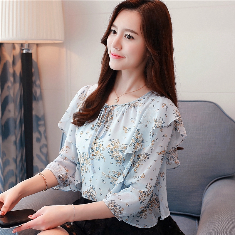 New  Korean Woman Chiffon Shirt Female Summer Long Sleeve V-neck Shirt Temperament Floral Shirt | BigBuy360 - bigbuy360.vn