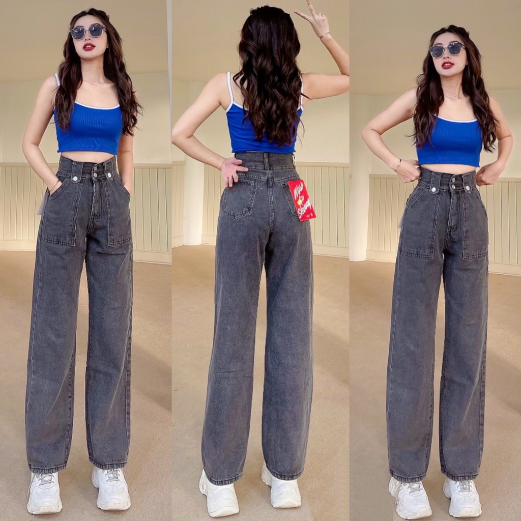 Quần Jean Ống Rộng Dài Nữ Lưng Cao Dáng Suông 2 Nút Bên Cao Cấp Cực Hot OHS3905