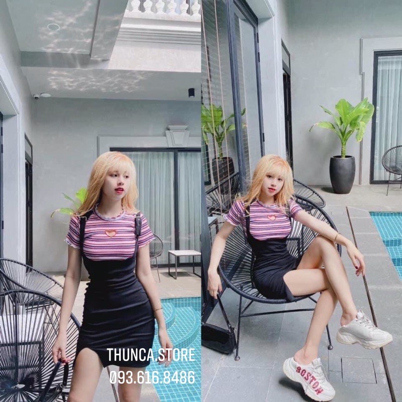 Áo kẻ sọc khoét tim tay ngắn thời trang nữ