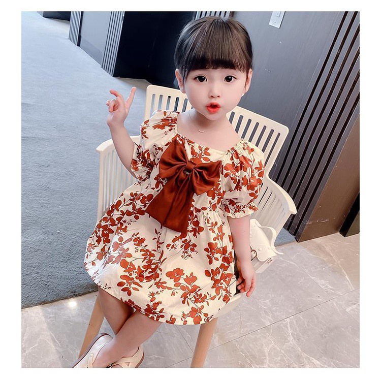 Váy đầm cho bé gái công chúa dáng xòe hoa cam tay bồng cao cấp đính nơ xinh xắn AB7002