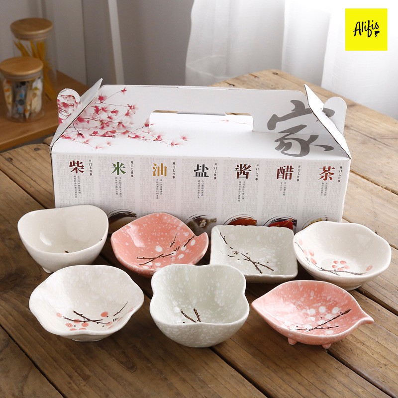 Bộ 7 đĩa gia vị, chén chấm gia vị phong cách Nhật Bản có hộp đựng sang trọng – phụ kiện bàn ăn và quà tặng