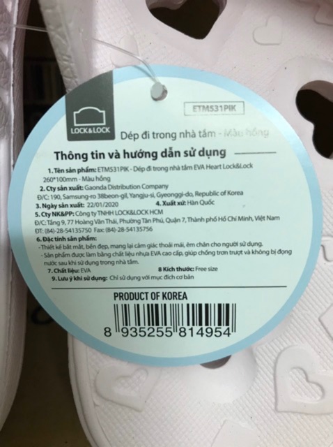 DÉP ĐI NHÀ TẮM EVA HEART LOCK&LOCK-ETM531