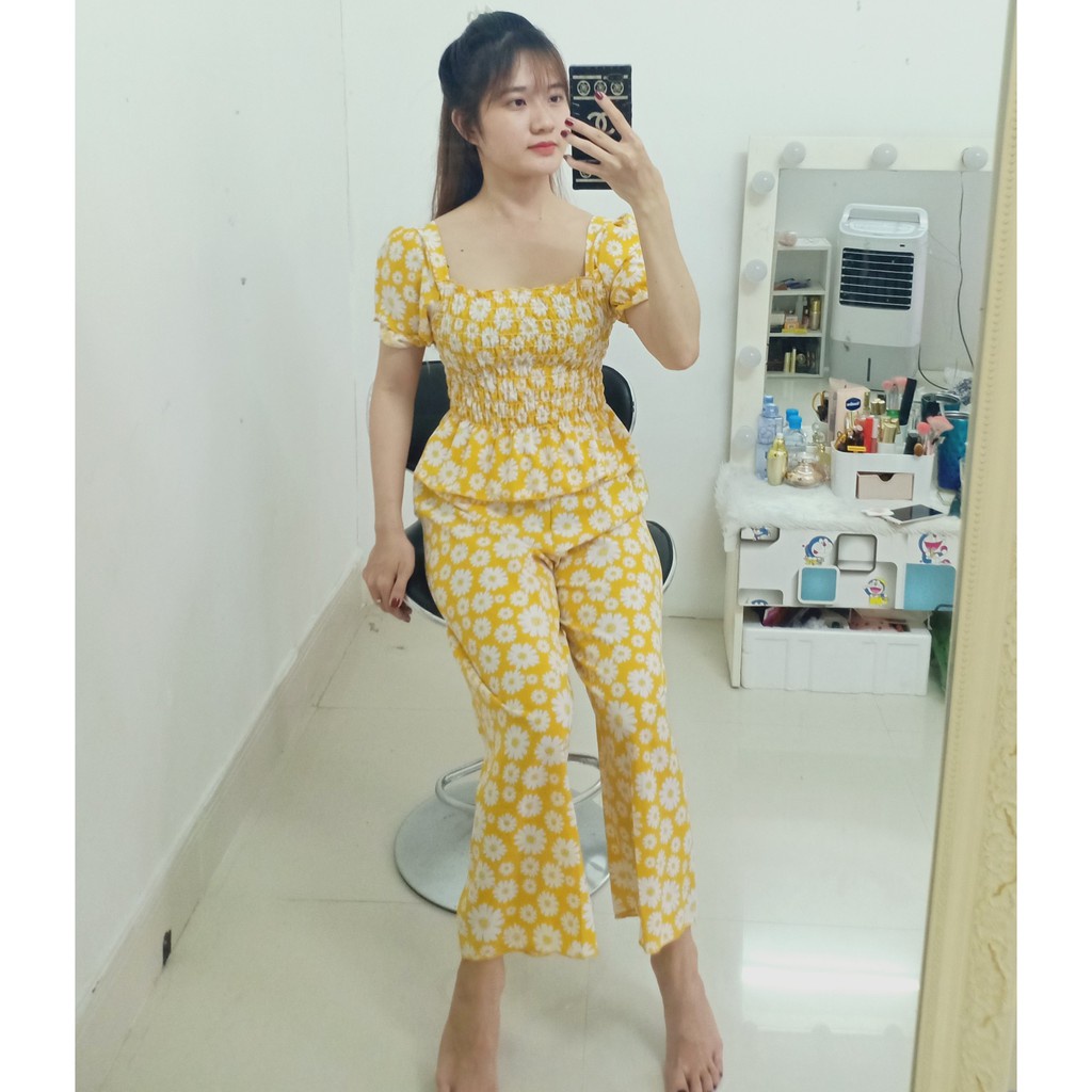 Set áo quần đồ nữ bộ hoa nhí cúc họa mi nhún tay ngắn quần dài suông thời trang