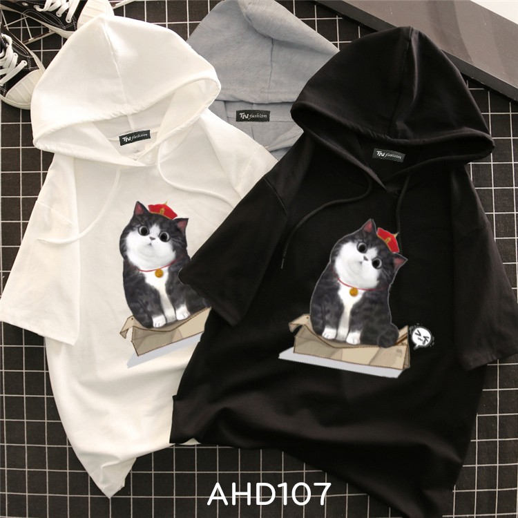 ⚡️ FreeShip 50k ⚡️ AHD107 Áo thun teen nam nữ HOODIE TAY LỠ CÓ NÓN hình mèo hoàng thượng