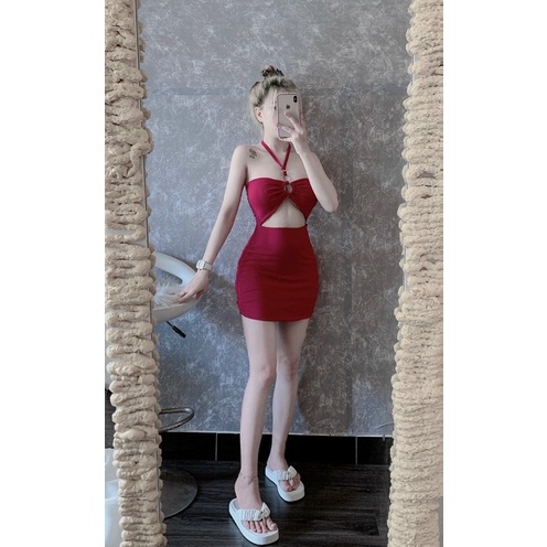 [FREESHIP] [Sẵn mút ngực] Đầm mini nữ ôm body phối khoen kim loại cột cổ hở ngực nhiều màu