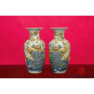Lọ lộc bình công đào / rồng cao 42cm men rạn đắp nổi bát tràng