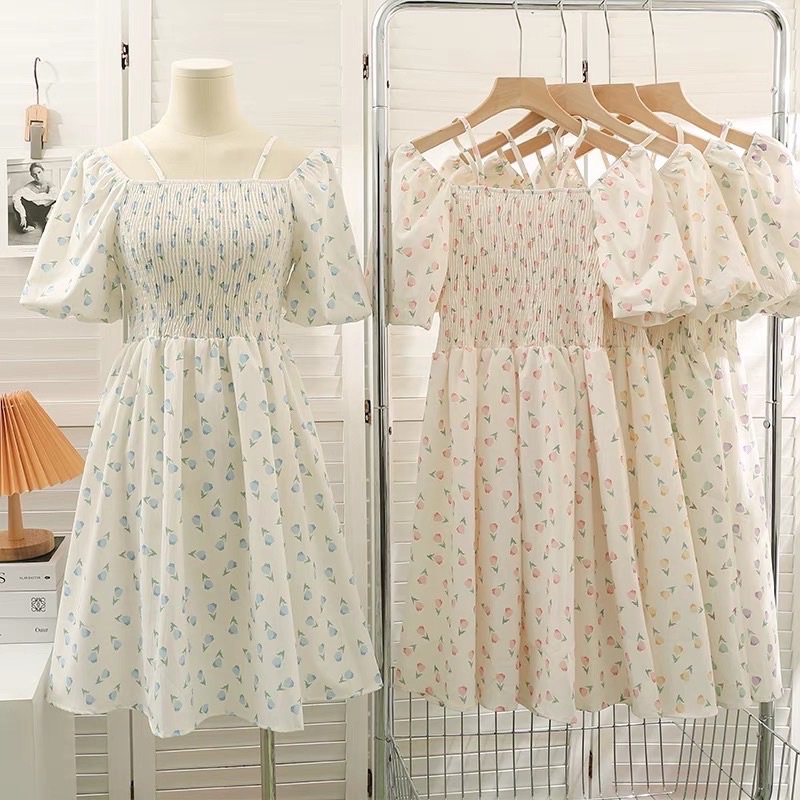 Váy hoa nhí bo chun ngực mặc được 2 kiểu