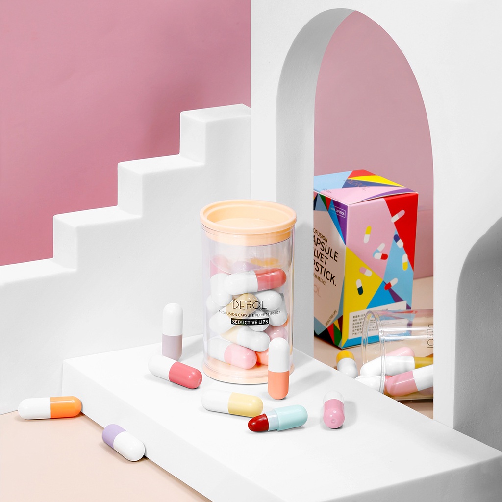 Set 16 son môi Derol lâu trôi thiết kế hình viên thuốc Mini dễ thương