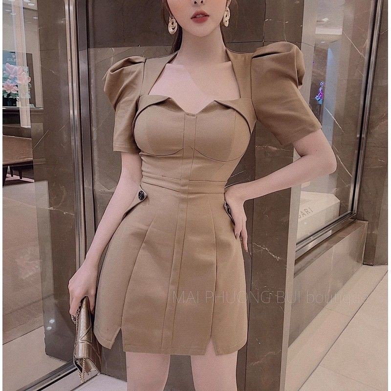 Đầm Xòe Nhẹ Tay Bo Phồng (Size S-M-L-XL) cổ lật kiểu lai xẻ V nhỏ HÀNG THIẾT KẾ | BigBuy360 - bigbuy360.vn