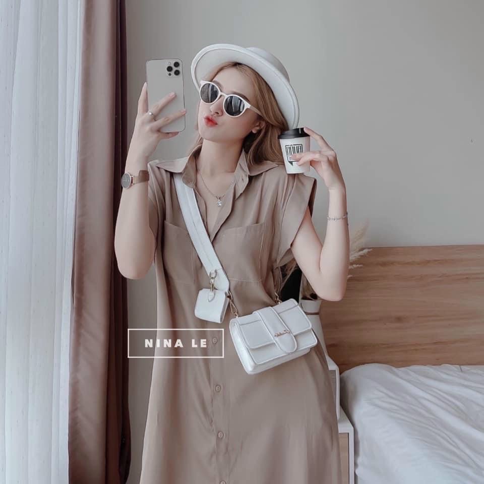 váy sơ mi cộc tay cổ đức dáng suông dài, đầm sơ mi bầu bí bon chen thoải mái