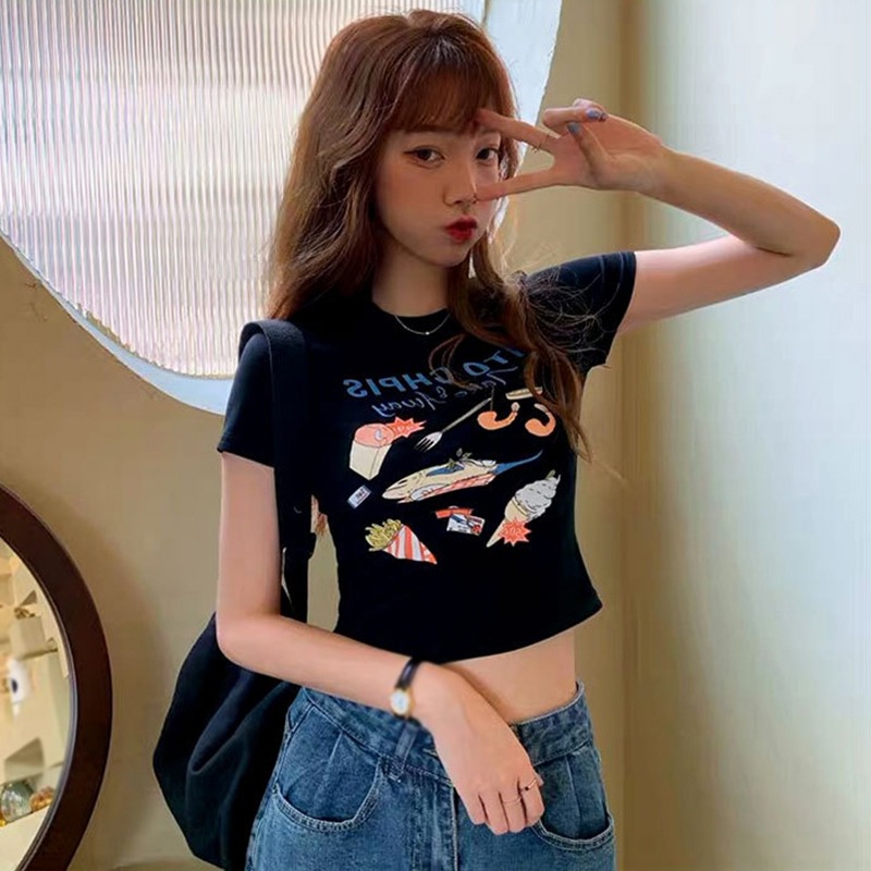 Áo Thun Crop Top Tay Ngắn Cổ Tròn In Họa Tiết Thời Trang Cho Nữ