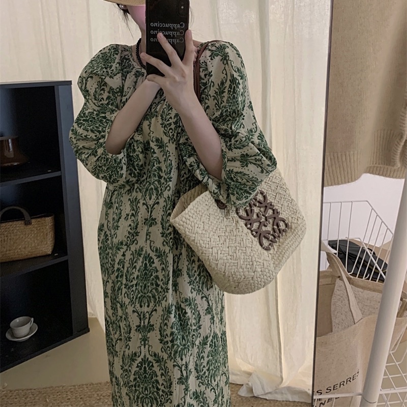 Đầm Suông Hoạ Tiết Tay Phồng Váy Suông Dáng Dài Thời Trang Thanh Lịch