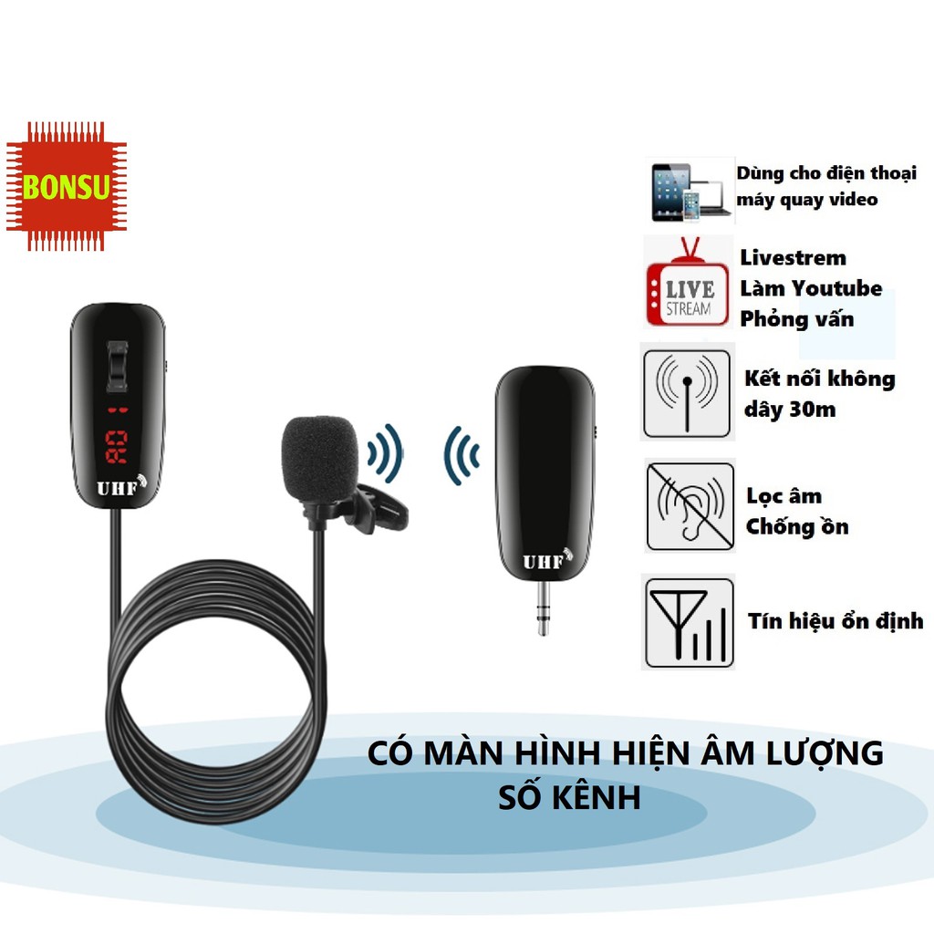 Micro cài áo không dây sóng UHF dùng thu âm, quay video cho điện thoại, máy ảnh