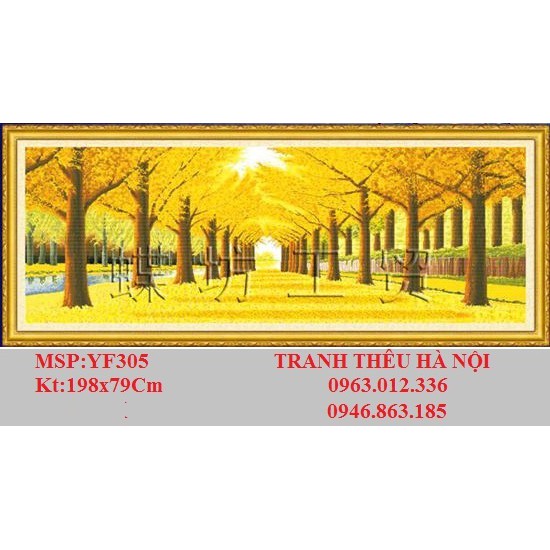 tranh thêu chữ thập cao cấp phong cảnh hàng cây lá vàng mùa thu kt 194x74cm