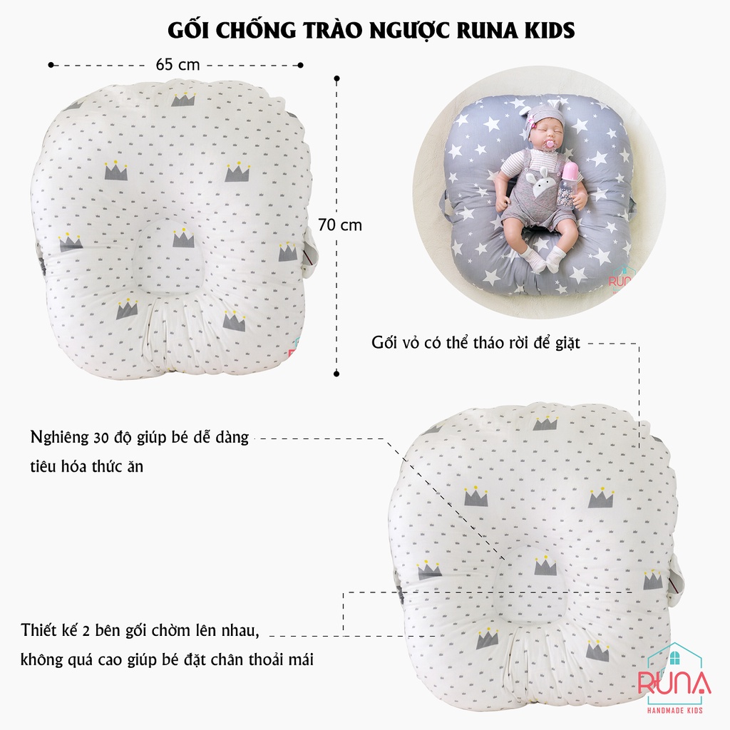 Gối chống trào ngược cho bé RUNA KIDS chất liệu Cotton Hàn 100% cao cấp mềm mịn an toàn cho bé size lớn 65x70cm