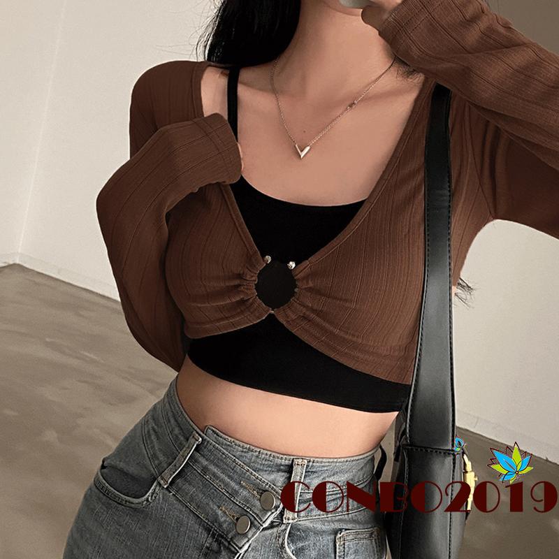 Set Đồ 2 Món Gồm Áo Croptop Hai Dây Màu Trơn + Áo Tay Dài Cổ Chữ U Sâu Gợi Cảm Cho Nữ