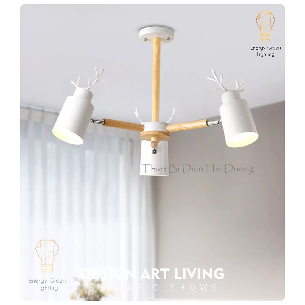 Đèn Chùm Energy Green Lighting Decor Vintage Sừng Hươu 3 tay (Các màu)  - Decor phòng khách phòng ngủ Bắc Âu