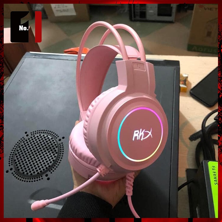 Tai Nghe Headphone Gaming Chụp Tai Màu Hồng RKX 7.1 Led RGB Tai Nghe Máy Tính Laptop Nghe Nhạc Có Mic