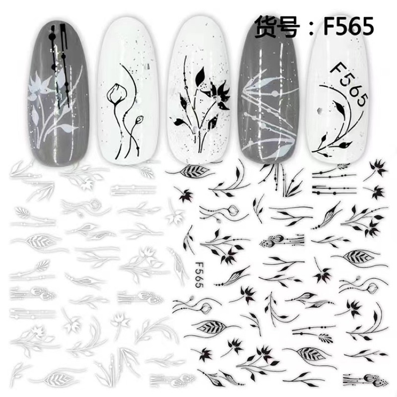 Hình dán móng tay hoa văn đen trắng F565