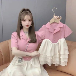 xả - váy cổ vest pha tầng bé gái