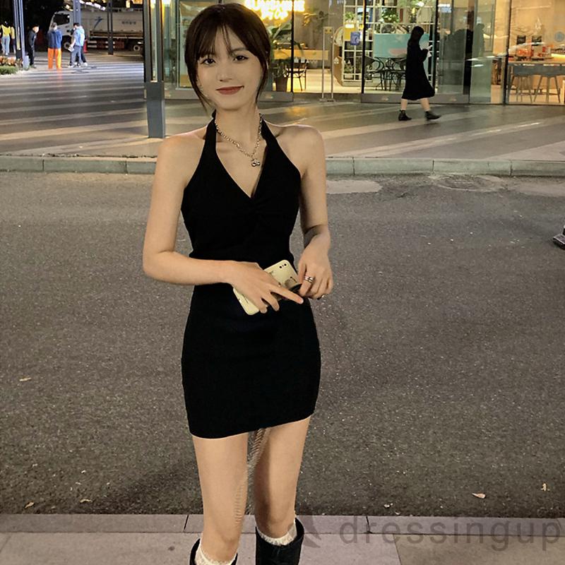 Đầm Hai Dây Cổ Chữ V Màu Trơn Thắt Nơ Lưng Cho Nữ