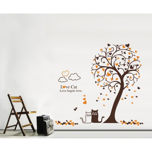 Decal trang trí tường Cây Trái Tim và Cặp Mèo đáng yêu Love Cat