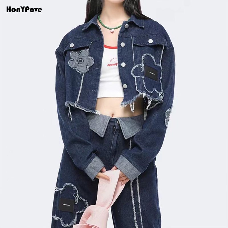 Áo Khoác Denim + Quần Jean Dài In Hoa Nhỏ Thời Trang Mùa Thu Phong Cách Mới 2022