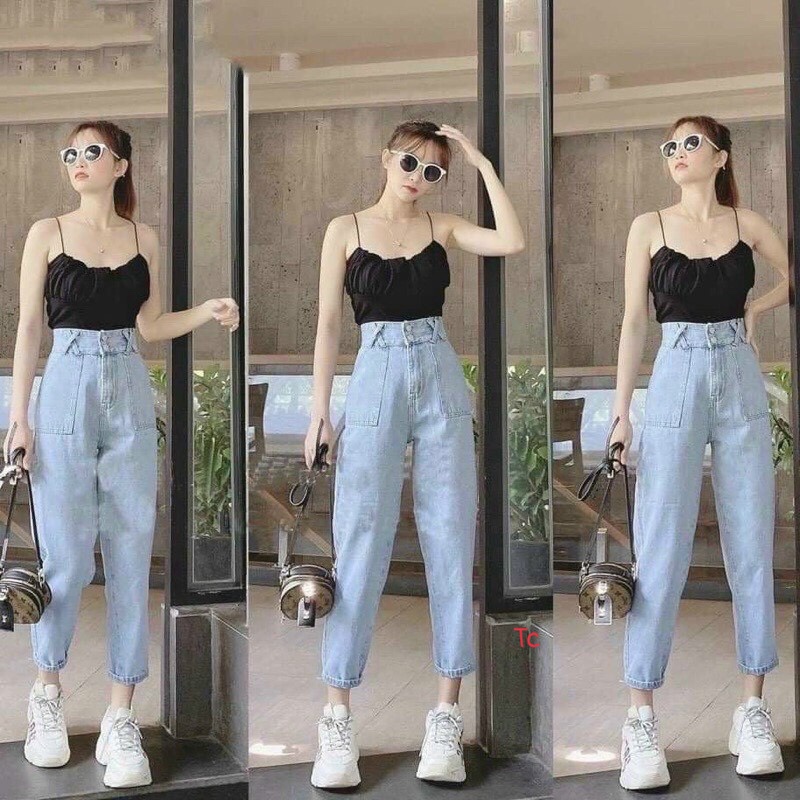 Quần jeans nữ,Quần bò baggy đai chéo túi ốp form đẹp sặn gấu màu xanh | BigBuy360 - bigbuy360.vn