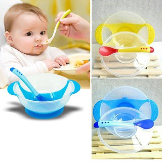 Bát ăn dặm chống đổ cho bé kèm thìa báo nóng an toàn tiện lợi