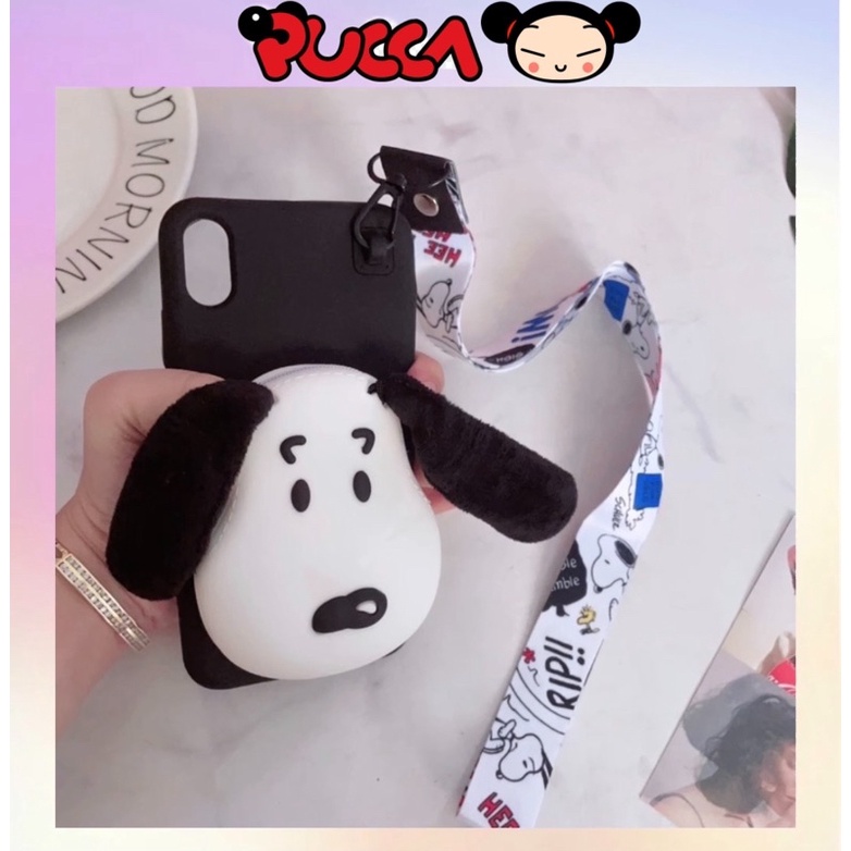 Ốp iPhone 7/8/X/Xs/XsMax Silicon Dẻo Hình Snoopy Có Ví Đựng Phụ Kiện Kèm Dây Đeo