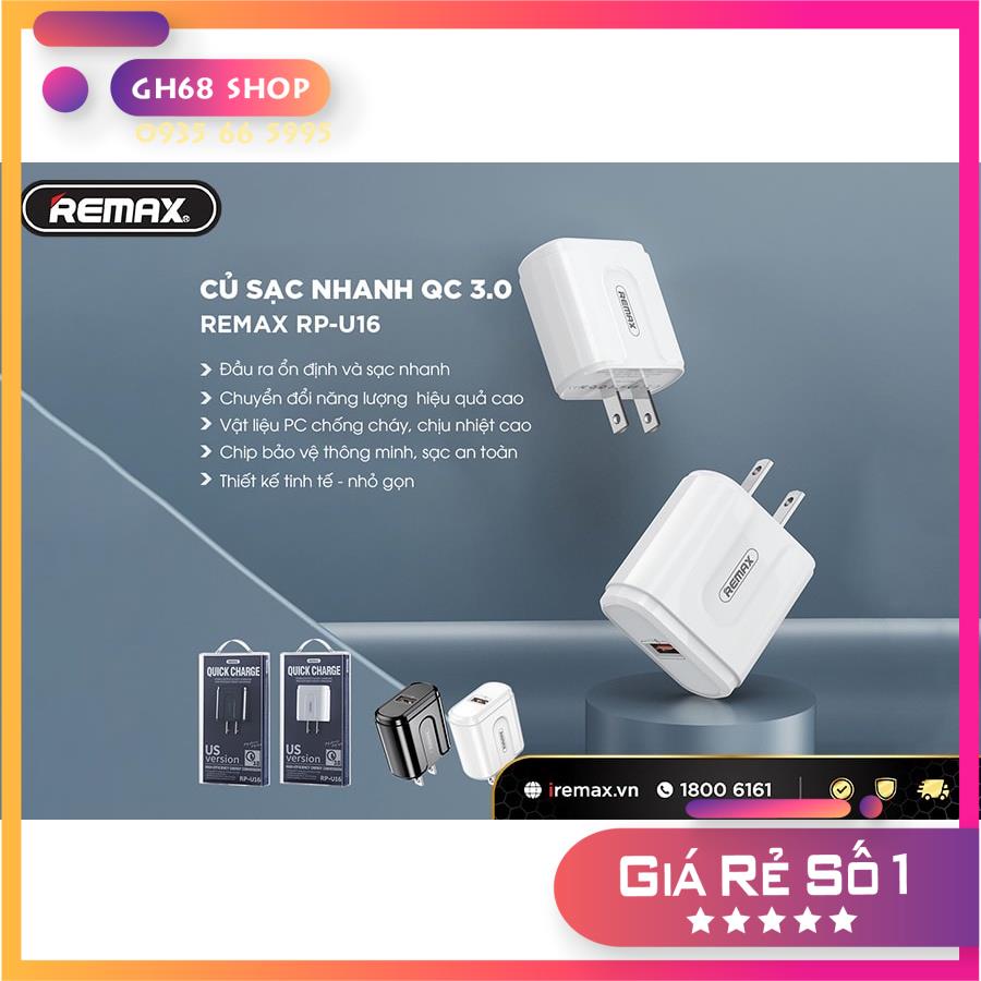 Củ Sạc Nhanh 1 USB, QC 3.0 REMAX RP-U16