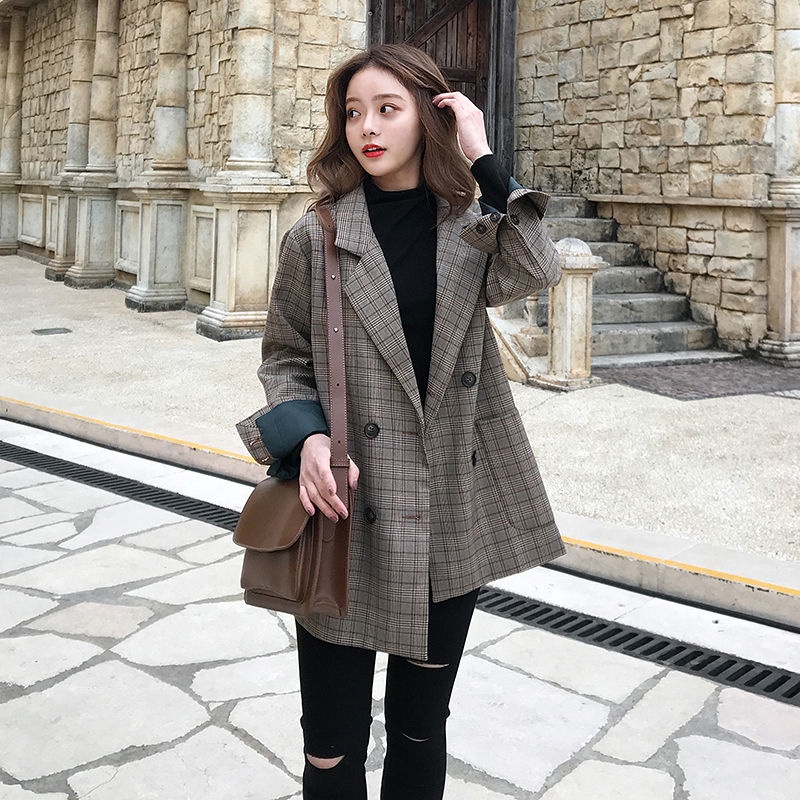 Áo khoác vest IELGY nhỏ dáng rộng họa tiết kẻ sọc retro thời trang Hàn Quốc cho nữ