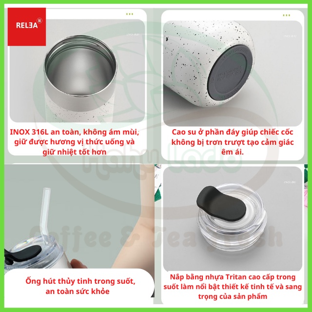 Ly Giữ Nhiệt Thời Trang Cao Cấp Có Ống Hút 350ml Relea Hahulado Cốc Giữ Nhiệt Coffee 6h Inox 316L - Hàng Chính Hãng
