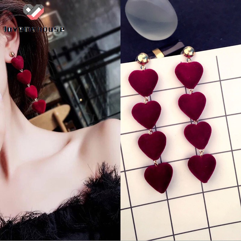 Khuyên tai chuỗi trái tim vải lông