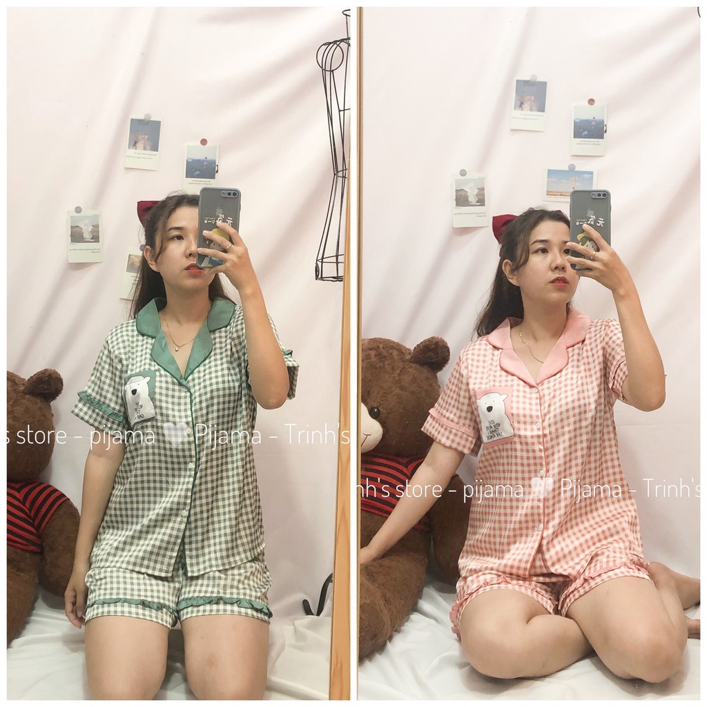 Pijama đồ bộ đùi lụa - hình gấu ô caro 2 màu [hình shop chụp]