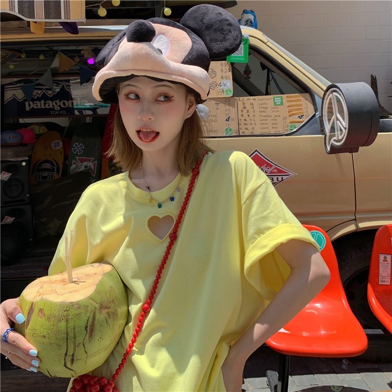 Áo Thun Nữ Ngắn Tay Cổ Tròn Khoét Lỗ Phong Cách Hàn Quốc