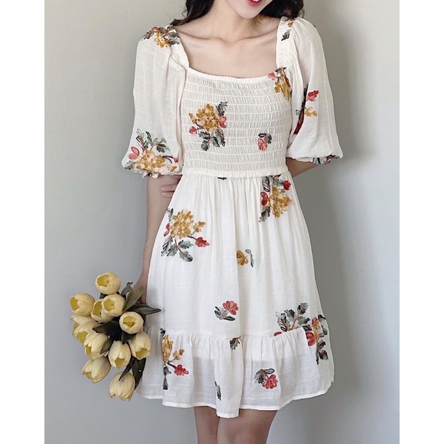 BEUCLOSET- Đầm hoa smocking tay bo chun xinh xắn