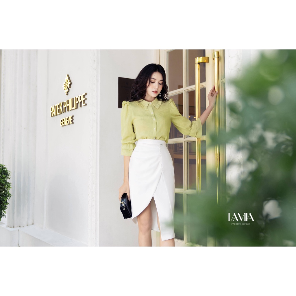 Áo sơ mi nữ mùa hè Lamia Design LUXA006 lụa màu vàng