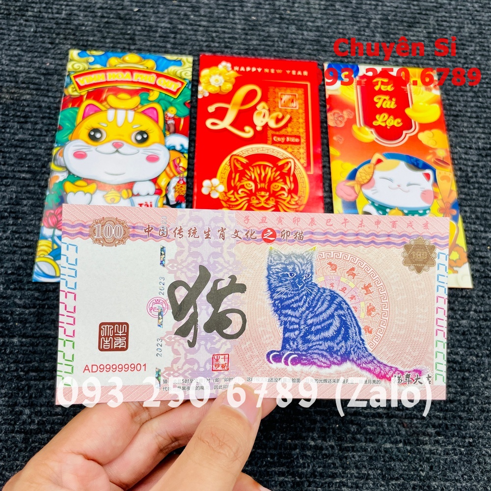 ⭐ FREE SHIP⭐ Quà tặng khách hàng cuối năm - tờ tiền hình con Mèo Trung Quốc 100 tài lộc kèm bao lì xì, Quà Tết 2023