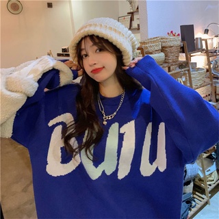 Klein blue loose jacquard letter round neck pullover girl student thickened sweater blouse