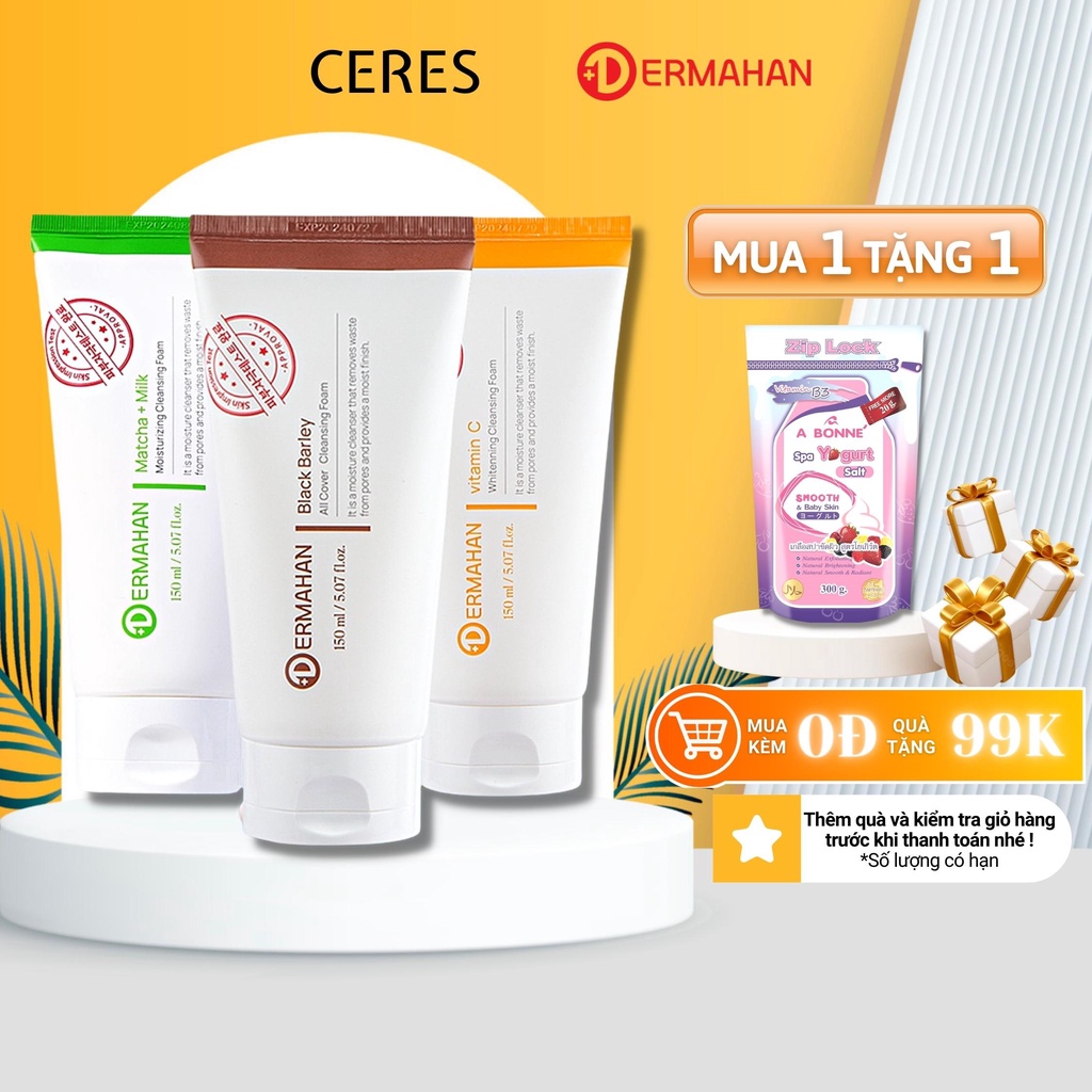 Sữa Rửa Mặt Dermahan Black Barley/Vitamin C/Matcha + Milk All Cover Cleansing Foam Làm Sạch Trắng Sáng Da 150ml